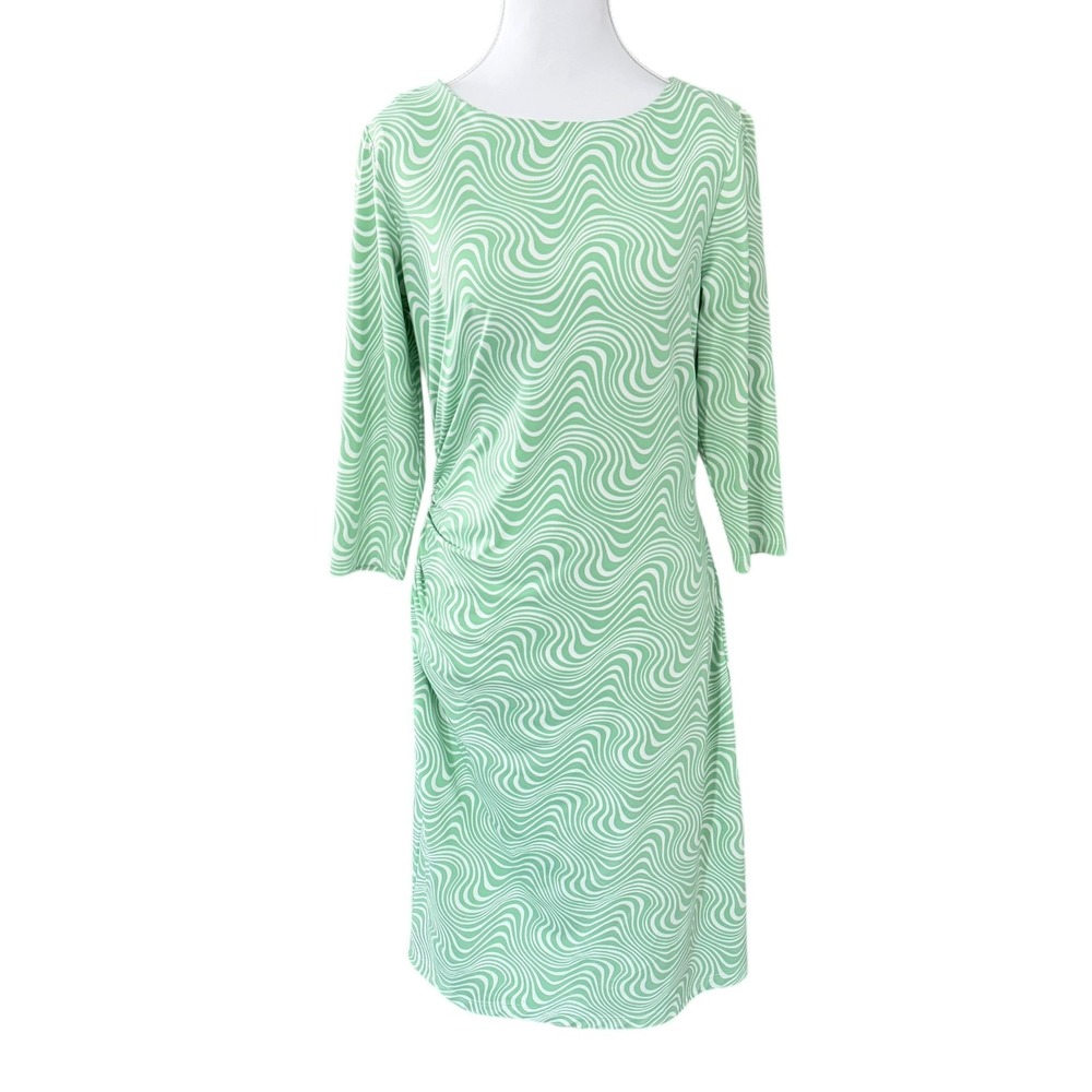 J. McLaughlin Catalina Cloth Sage Sheath Dress M Green White 3/4 Sleeve Resort